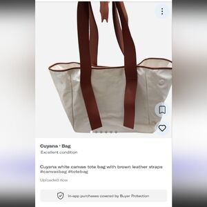 Cuyana White Canvas Tote Bag with Brown Leather Straps